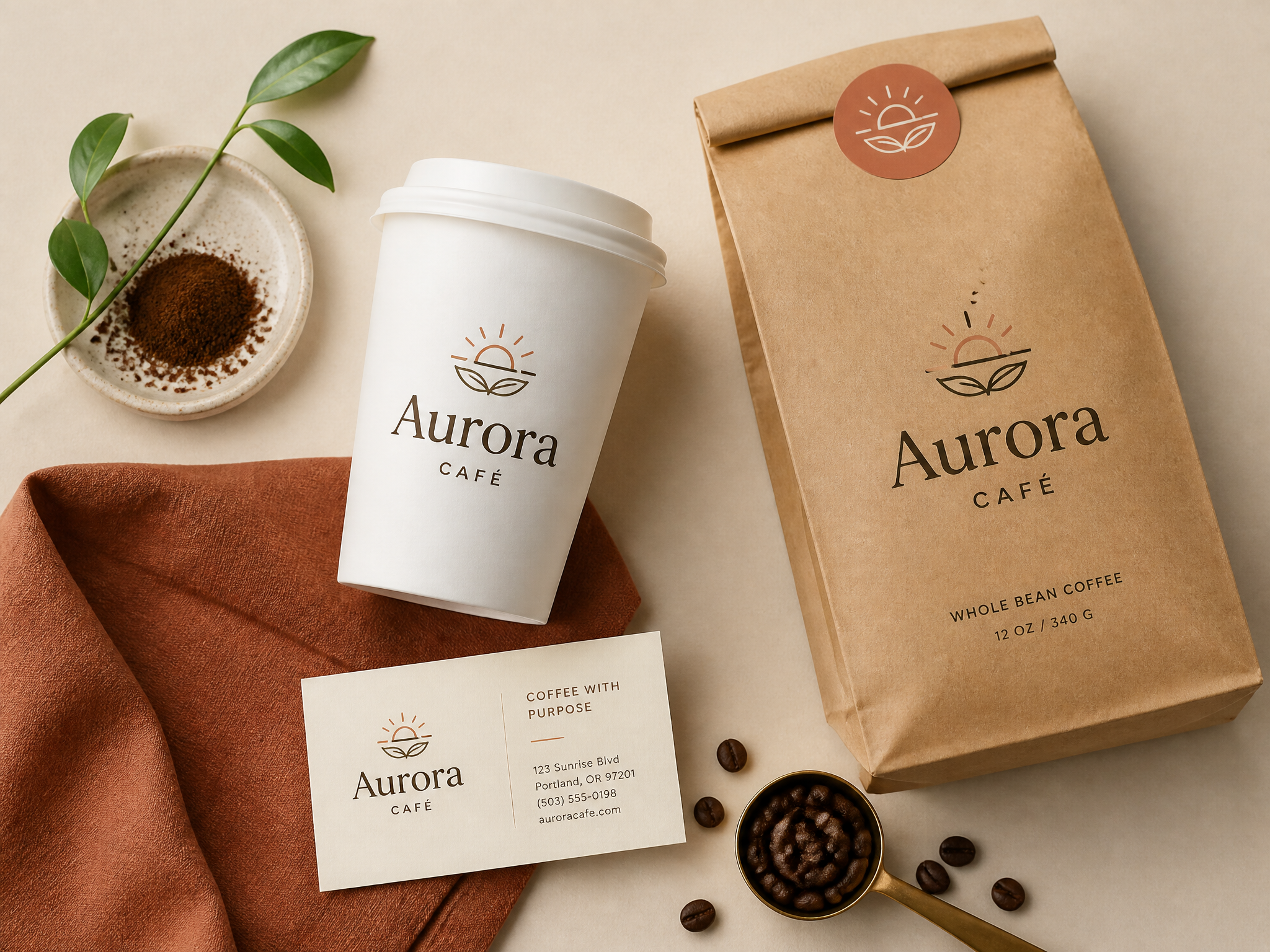 Identidad visual de Aurora Café: logotipo minimalista aplicado en taza, tarjeta de visita y bolsa de papel con tonos cálidos