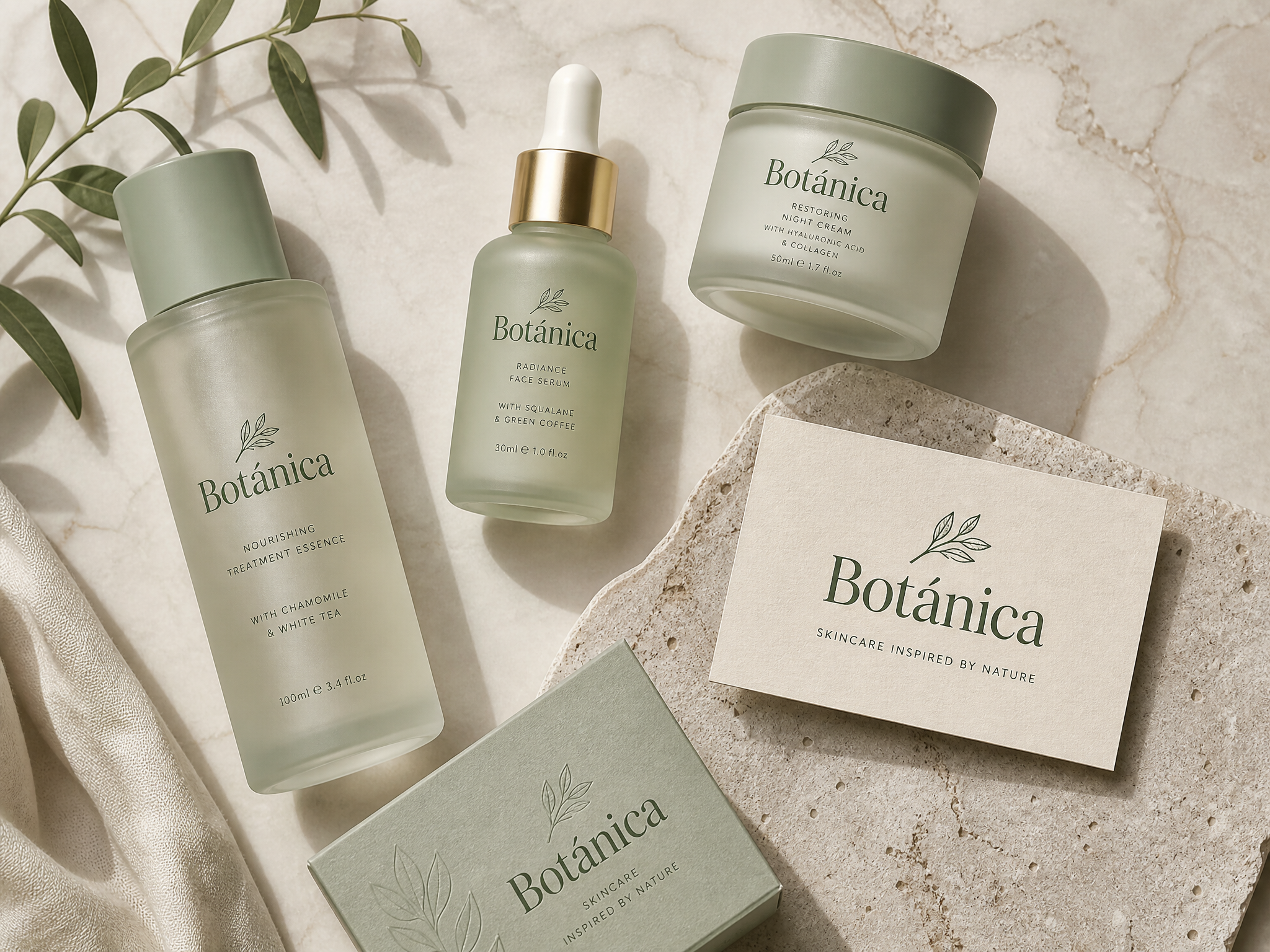 Identidad visual de Botánica: logotipo serif elegante aplicado en packaging de cosmética con tonos verde salvia y crema