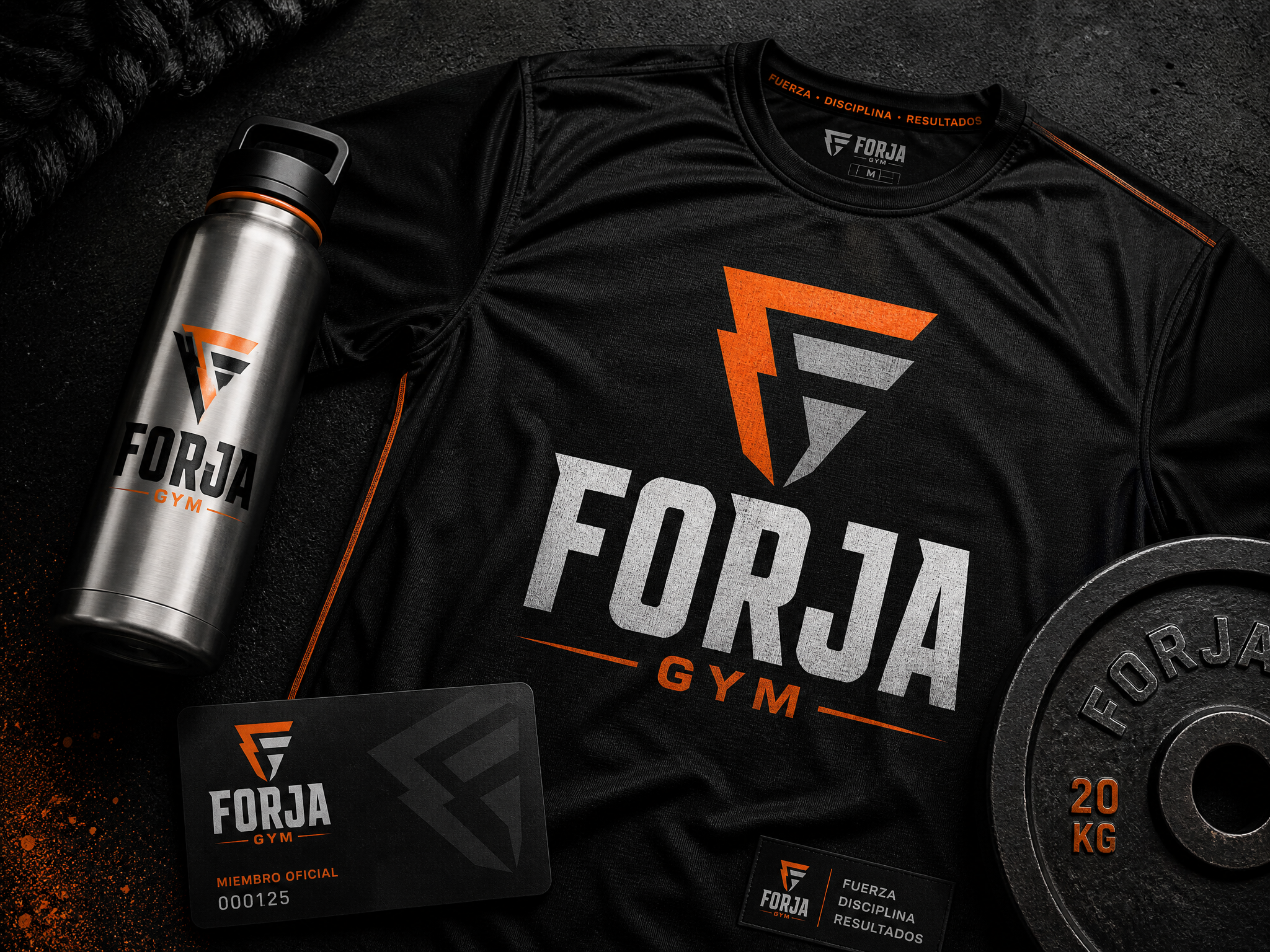 Identidad visual de Forja Gym: logotipo deportivo aplicado en camiseta, botella y tarjeta con paleta negra y naranja